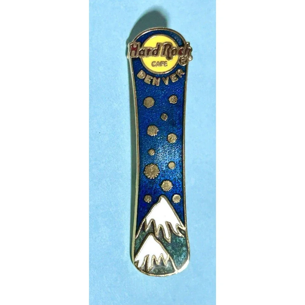 1998 Hard Rock Cafe DENVER Blue SNOWBOARD Pin w/ Rockies & Snowflakes